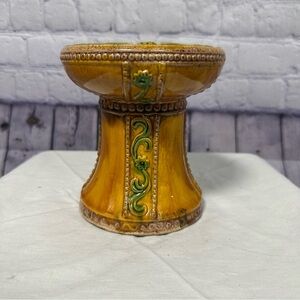 Vintage Majolica Glazed Ceramic Pillar Candle Holder